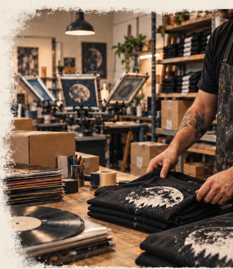 Hands folding freshly printed band shirts on a workshop table, beside records, packing boxes and a screenprint press